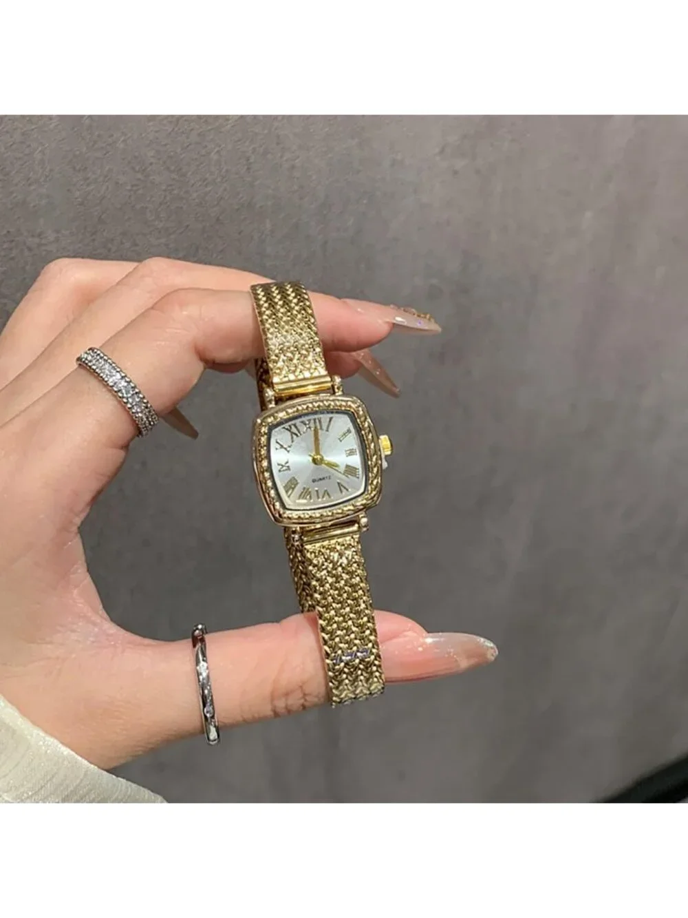 Women's Gold White Vintage Square Roman Numeral Braided Mesh Band Quartz Watch